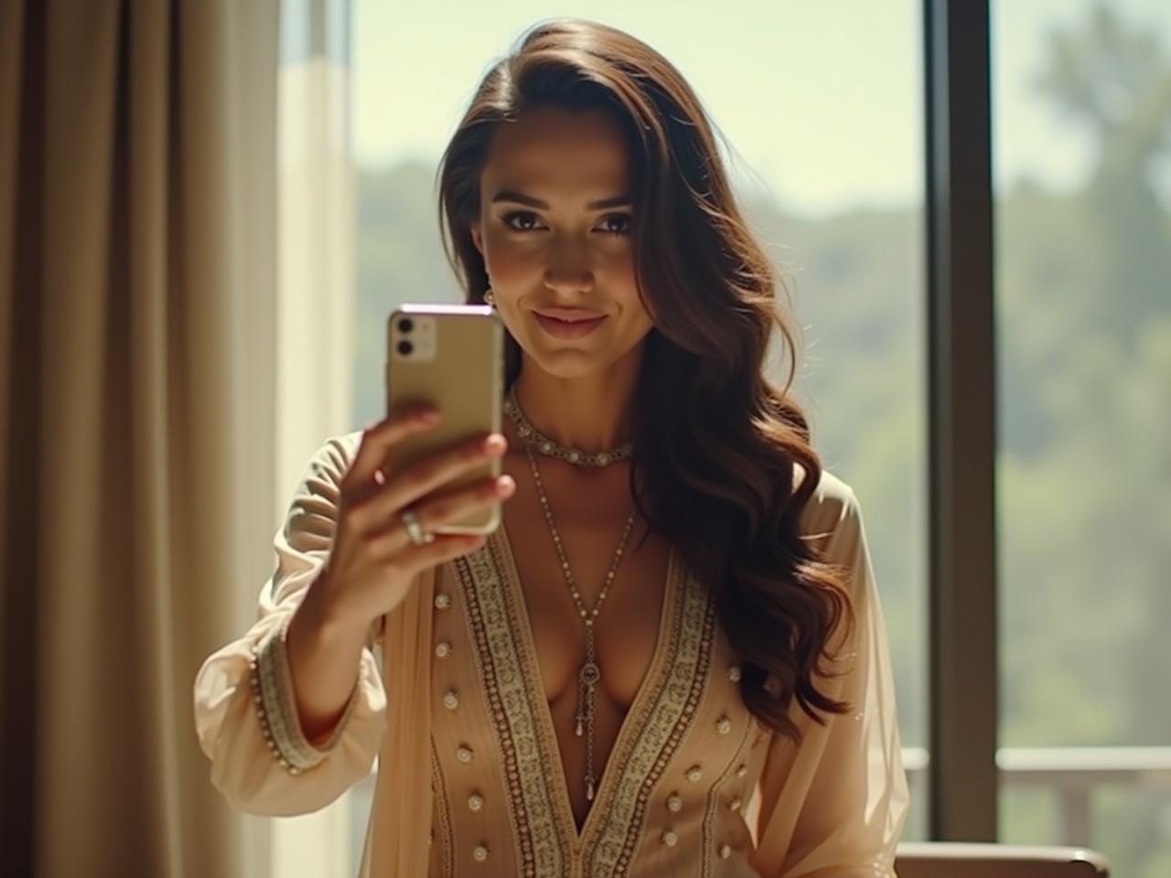 The image features a person taking a selfie, positioned in front of a large window with soft lighting. The background shows a blurred and lightly frosted glass, suggesting a serene atmosphere. The person is wearing a delicate outfit with intricate patterns and embellishments, along with a noticeable necklace. Their hair is styled elegantly, cascading down to one side. The overall mood of the image appears warm and inviting, capturing a moment of personal reflection.