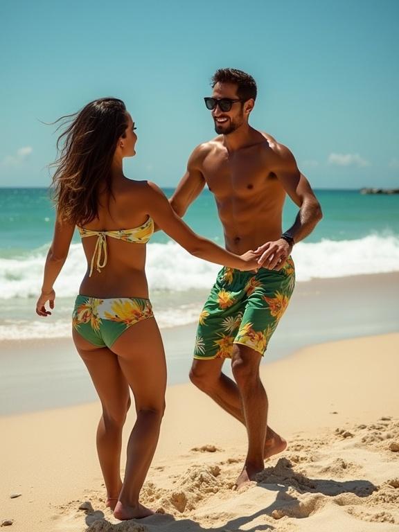 A couple dancing joyfully on a sunny beach. They wear tropical-patterned swimwear and sunglasses. The background features ocean waves and a clear blue sky.