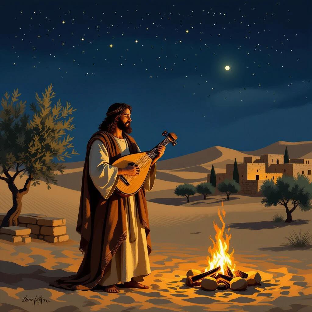 Ancient Hebrew singer from the time of Jesus under a desert night sky. Holding a lyre and singing a sacred hymn. Worn robes. Dim light of a campfire. Spiritual and serene expression. Background has dunes, olive trees and stone houses. Biblical painting style with sepia tones.
