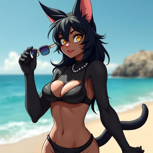 A woman with anthropomorphic feline features and all black fur wearing a bikini. She takes off her sunglasses and holds them off to the side with her paw while looking at the camera with interest.