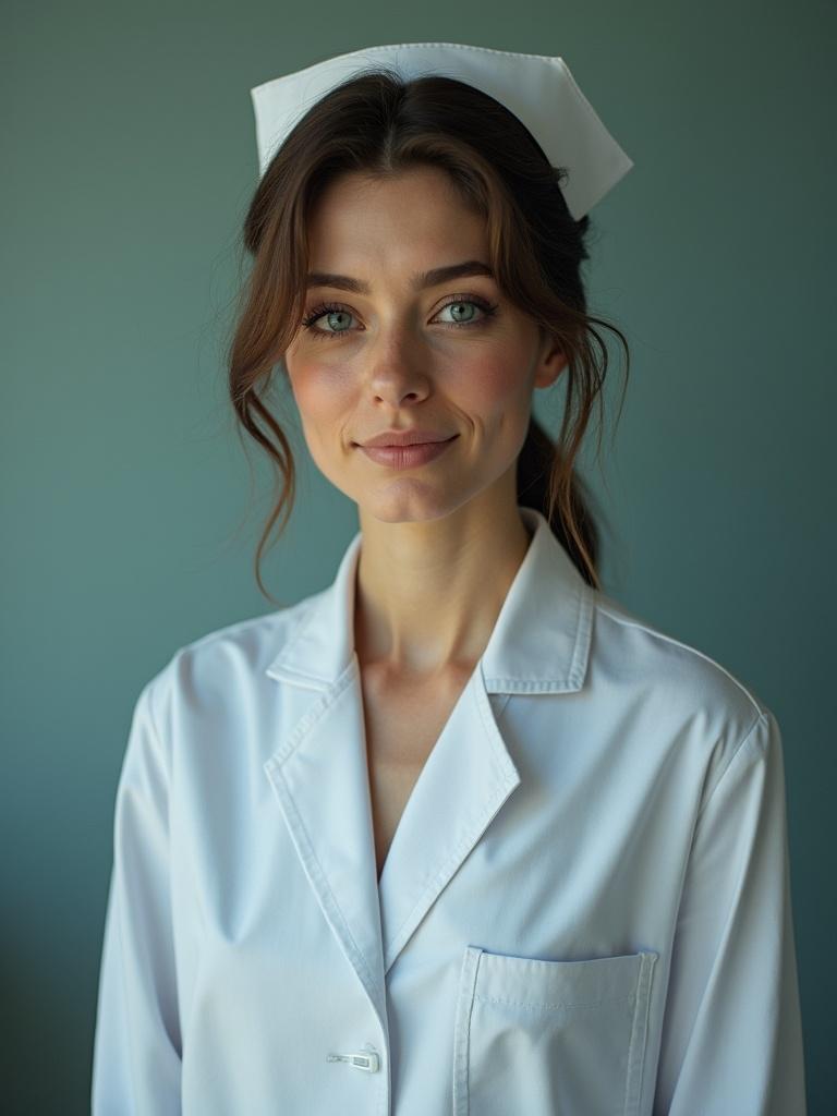 Portrait of a nurse wearing a white uniform and cap. The nurse displays a warm and professional demeanor while looking directly at the camera. The background is a muted shade that complements the uniform.