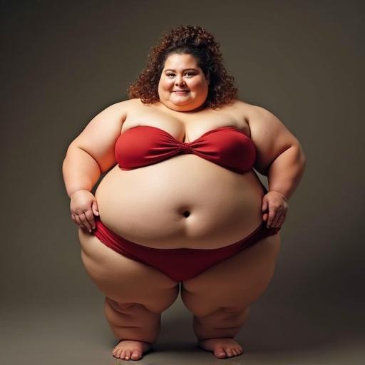 Model poses confidently in a red bikini. Soft studio lighting emphasizes curves. Front view showcases body positivity.