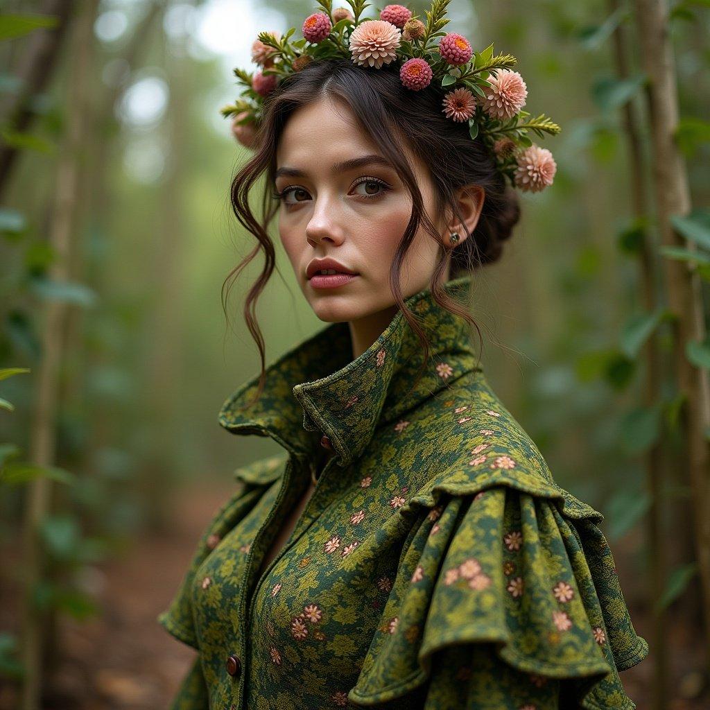 Couture fashion photoshoot inspired by nature. Subject wears a floral crown and a jacket with ruffled details. Setting features lush greenery and a natural background.