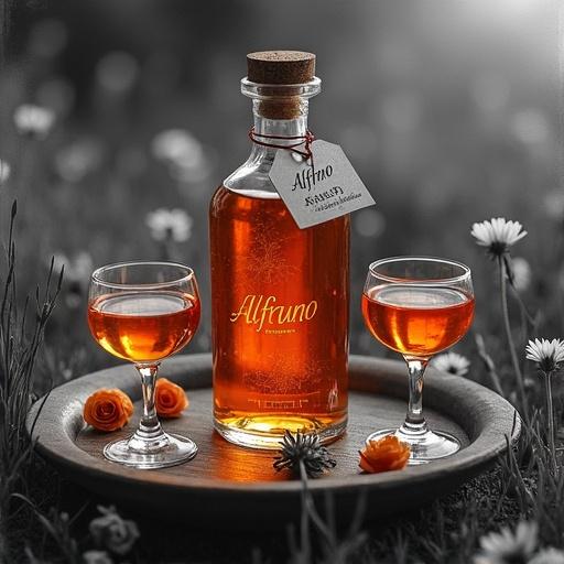 Art piece shows a bright golden-reddish bottle on a wooden plate. The bottle labeled 'ALFRUNO' glows. Two cocktail glasses sit beside the bottle. Field of wildflowers in background. Cork lid on bottle. Elegantly designed hang tag. Rough, smudged charcoal drawing style. High contrast appearance.