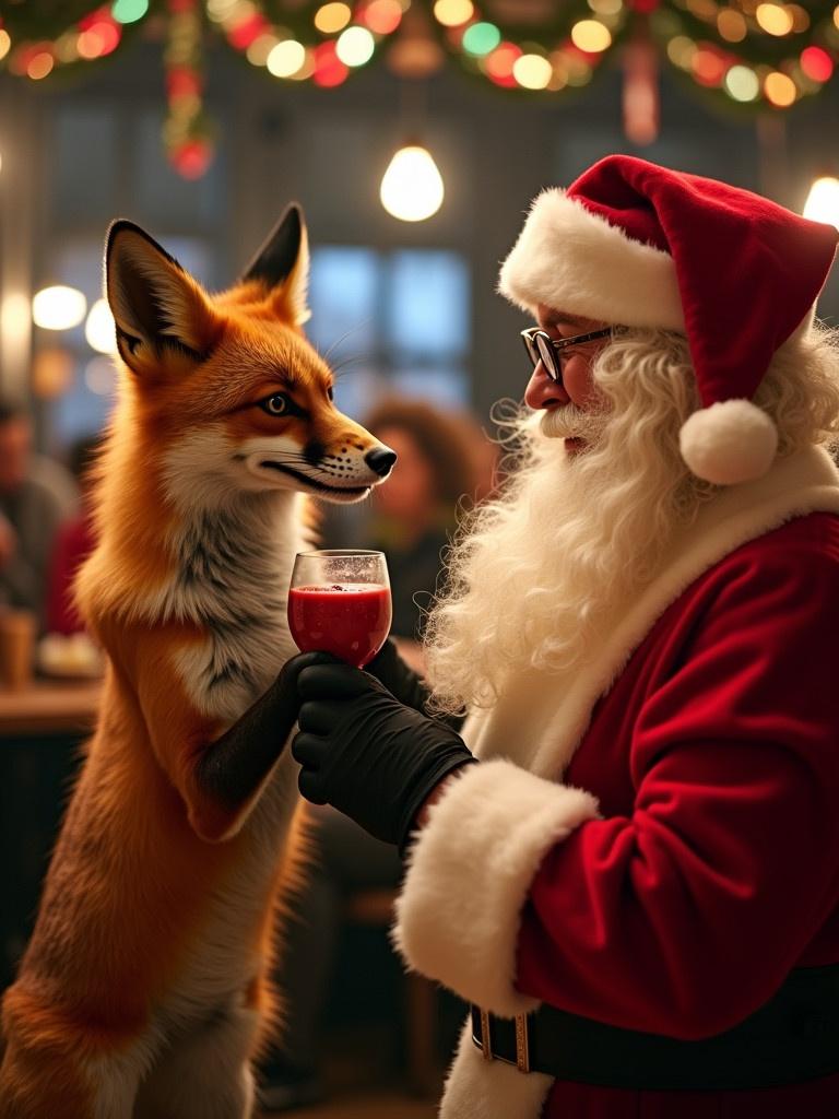 Festive narrative with a fox enjoying drinks and dance with Santa Claus in a lively setting. Cozy decorated Christmas ambience. Warm festive interaction. Holiday cheer highlighted.