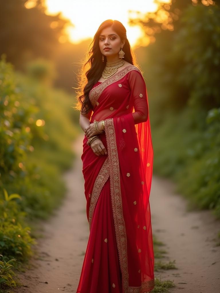 Woman stands on dirt path wearing red saree with gold embroidery. Lush greenery is around her. Warm sunset glow enhances the scene. Long hair flows in breeze. She wears elaborate gold jewelry. Scene captures elegance and beauty.