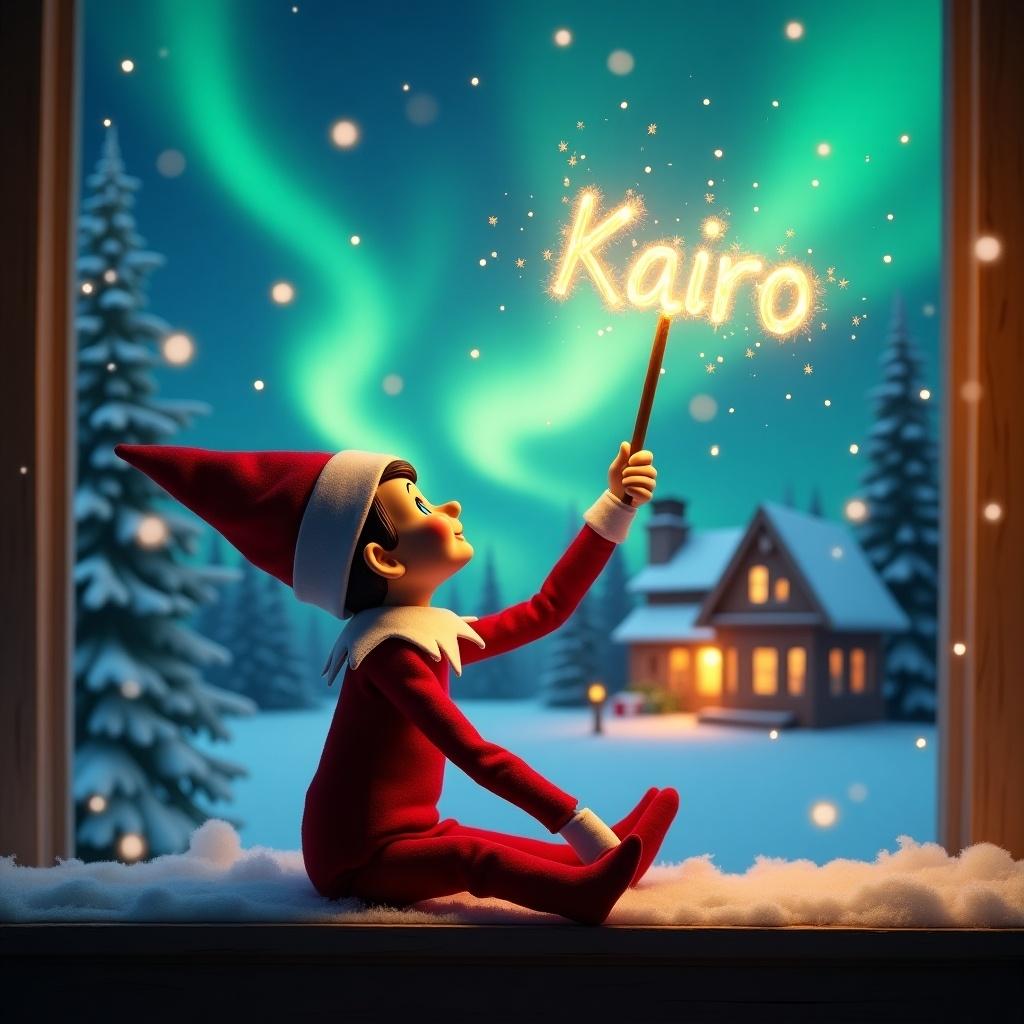 Elf on the shelf with back to viewer gazes skyward holding glowing wand. Charming Christmas scene with northern lights above. Cozy house decorated for holidays. Snow covers ground creating winter atmosphere. Elf embodies Christmas magic with name 'Kairo' in air.