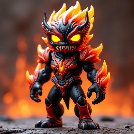 Fantasy cartoon-style monster toy design. Inspired by early 2000s Italian collectible figures like Gormiti. Name is Flame Striker. Height is 10 cm. Features sleek armor with flame patterns. Mask has glowing yellow eyes and fire motifs. Avoid realistic anatomy. Includes flame-shaped shoulder pads and a chest emblem resembling a fireball. Style is cartoonish, high-contrast, glossy paint, bold outlines.