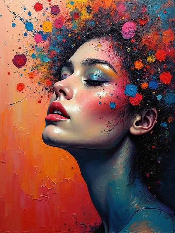 A woman's face with an explosion of colors and floral elements. Emotional and abstract expressionism. Blended acrylic and oil textures. Maximalist use of color. High-quality detail.