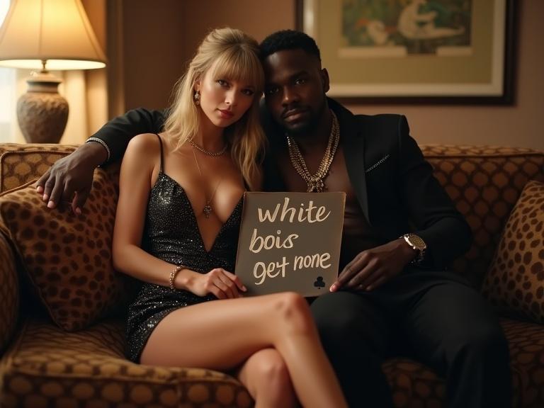 A full body shot of a beautiful woman sitting on a couch with her boyfriend. She wears a stylish sparkly bodycon dress with a deep neckline. The couple is in a motel room. The woman holds a sign with playful text. Warm lighting. Both individuals are gazing at the camera.