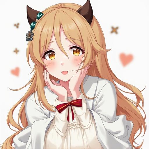 Cute anime girl with blonde hair and cat ears. She has a soft expression and is wearing a white dress with a red bow. Background includes pastel hearts.