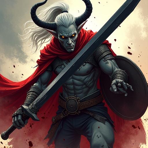 Tall, imposing male tiefling mid-swing with black longsword. Ash-gray skin with amber glowing eyes. Long silver hair from high ponytail. Sleek black curved horns, wearing chainmail shirt and red cloak. Shield on back. Blood splashing around. Dynamic action pose with intense lighting. Comic book style with bold cel-shading and outlines.