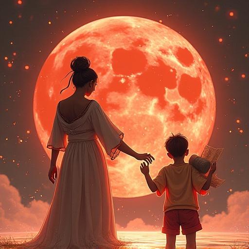 A blurred focus artistic scene at night. A beautiful woman and a child stand before an oversized glowing moon. Orange and pastel faded colors create a dreamy atmosphere. The environment features low saturation and high contrast with abstract qualities, capturing a narrative essence of beauty and emotion.