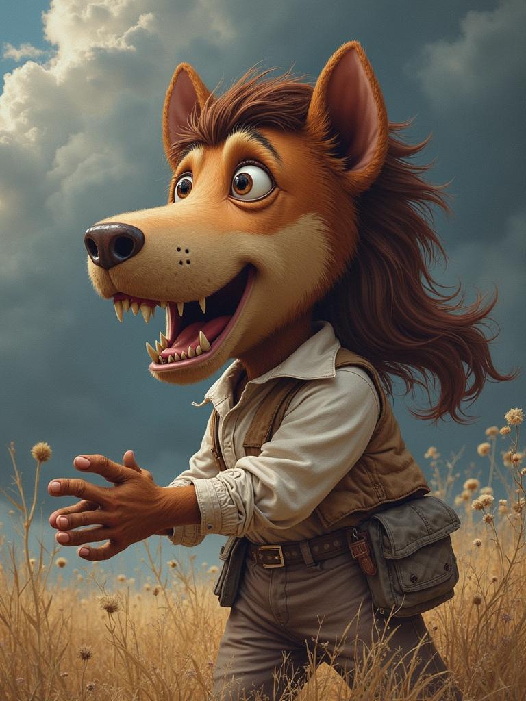 A wolf-like character with a big smile stands in a field. The character wears a beige vest and has a thick furry mane. The background has a dramatic sky with clouds. The setting is a golden grassy landscape. The character looks excited and inviting.