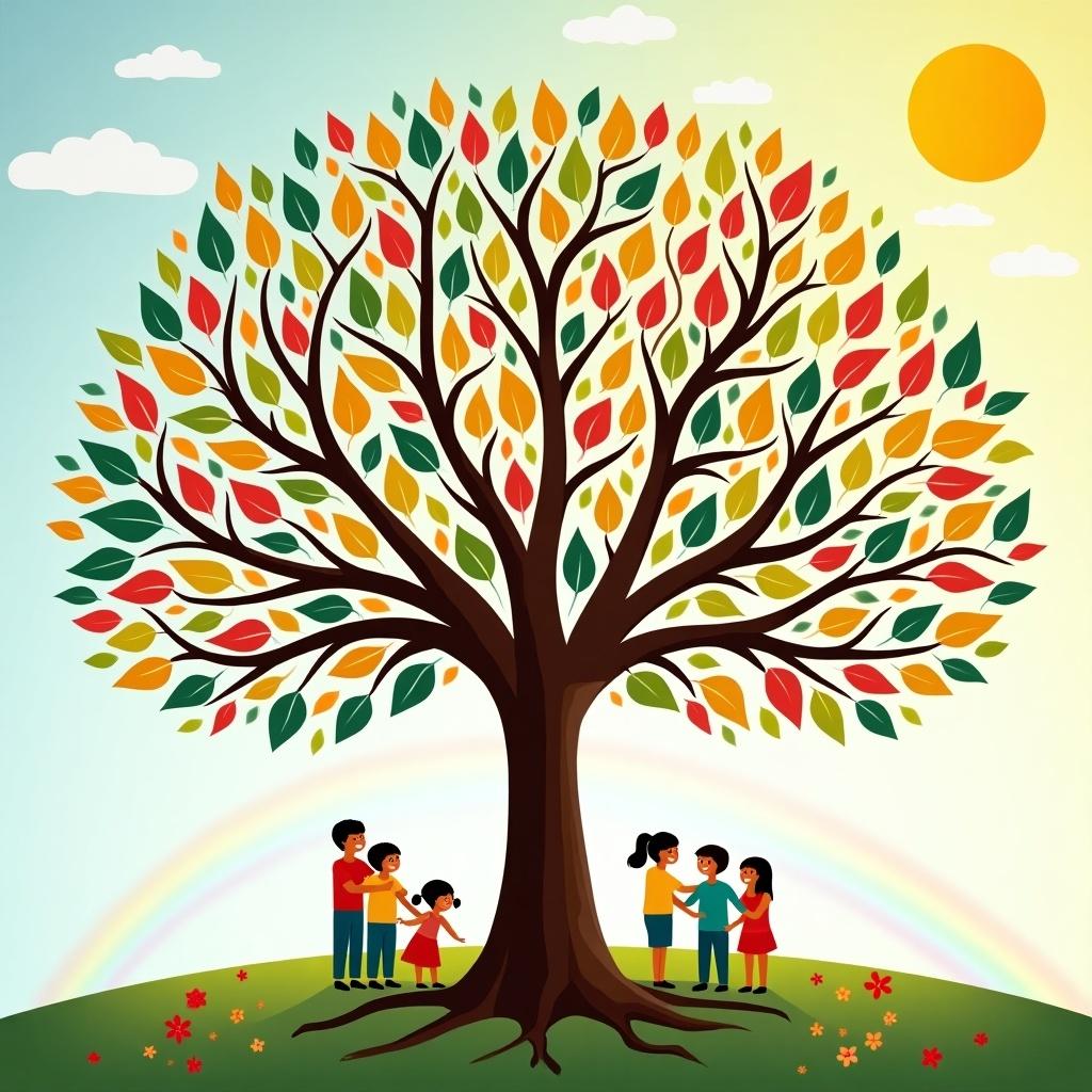 A large tree with colorful leaves symbolizes kindness. Children and adults around the tree perform acts of kindness. Bright sky with a rainbow and sun. Roots symbolize empathy and love. Branches connect everyone.