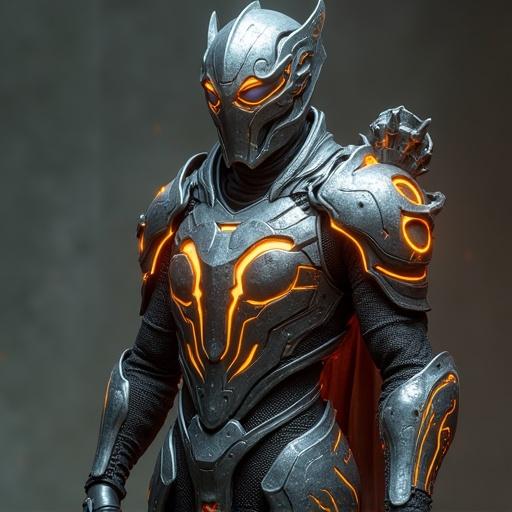 Ent Armored Stinga character depicted in high fantasy style. The figure is in silver and dark-gray armor with glowing orange-yellow highlights, showcasing intricate details.