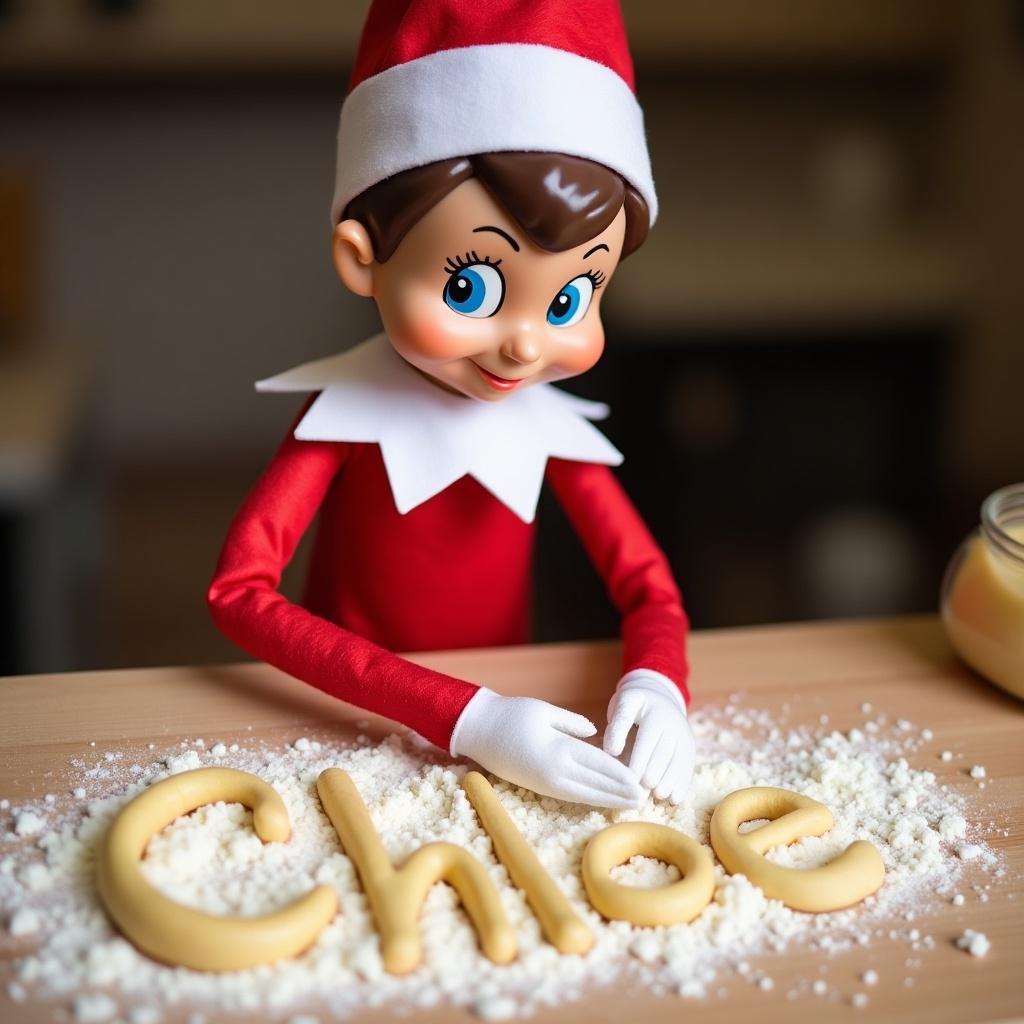 Elf on the shelf character crafting cookies with the name Chloe displayed in flour.