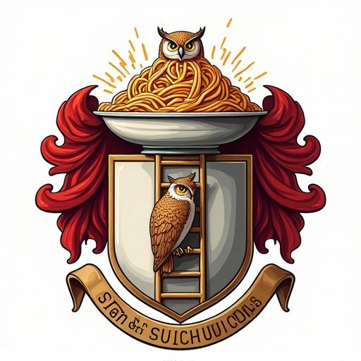Design a humorous family crest that features a bowl of spaghetti. The bowl is overflowing and slightly messy. The top includes the word 'Forsecs'. The crest showcases a central ladder and has an owl for wisdom. The motto at the bottom reads 'SUUUUCKS'. Masonic handshake elements are integrated.