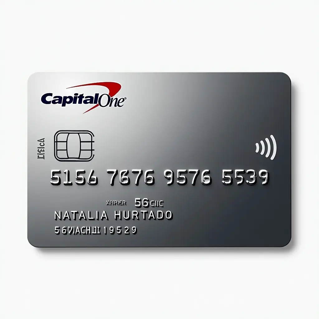 Realistic image of a credit card showcasing distinct details. Card prominently displays Capital One Quicksilver logo with the card number. Cardholder's name is aligned accurately. Expiry date noted at the bottom. Clean appearance with dark silver background and bold black font.