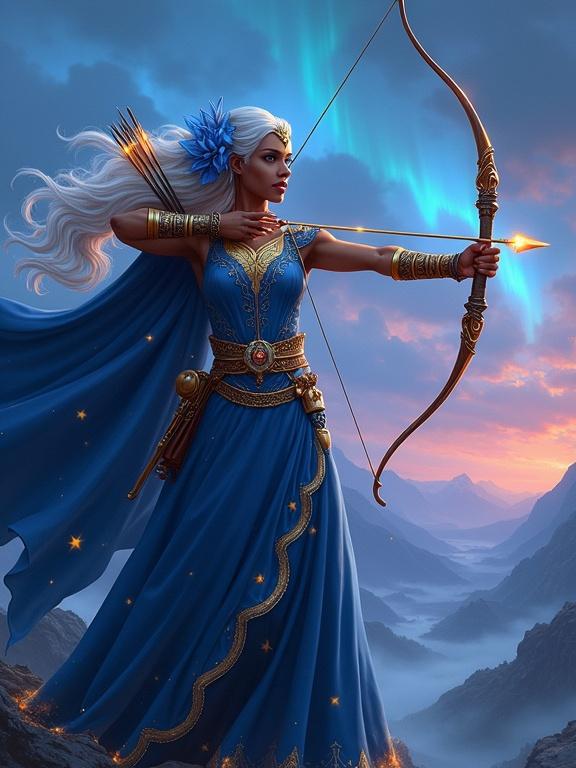 A heroic African American female archer draws a glowing enchanted bow. She wears a flowing deep blue fantasy gown with golden star patterns. Long silver hair cascades with a blue flower behind her ear. A blue cape billows in the wind. Leather bracers shimmer with runes. A golden quiver and magical dagger hang from her belt. The background features misty mountains and a twilight sky with auroras. The scene is painted in a realistic high-fantasy style.