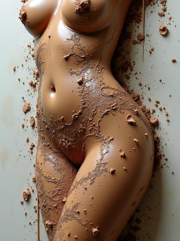 Intricate chocolate sculpture of a body. Highly detailed confectionery creation. Close-up art style. Texture play. Multi-layered design. Mixed media elements. Digital art. Stunning composition. Evocative design.