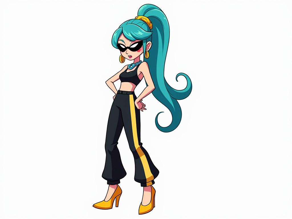 An anime-style figure of a fashionable woman with teal hair, wearing sunglasses and stylish clothing, standing confidently.