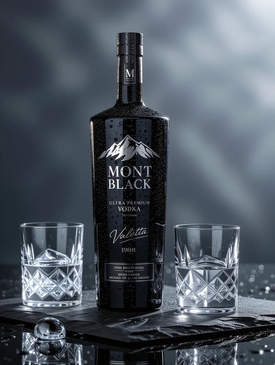 Hyper-realistic studio quality photo showcasing Mont Black vodka. Tall, black bottle features minimalist platinum logo and embossed design. Crystal glasses beside the bottle reflect luxury. Background suggests a lively beach bar atmosphere with sparkling droplets.