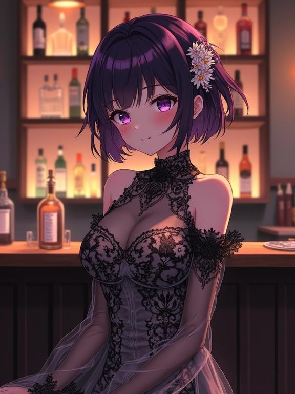A beautiful anime-style lady sits elegantly at a bar counter. She wears a stunning black and white lace dress with intricate floral patterns. The dress has a sheer high neck and off-the-shoulder neckline. The ambient lighting adds a gentle glow. She has expressive violet eyes and delicate facial features. Her dark violet hair is adorned with floral accessories. The setting blends vintage and modern aesthetics.