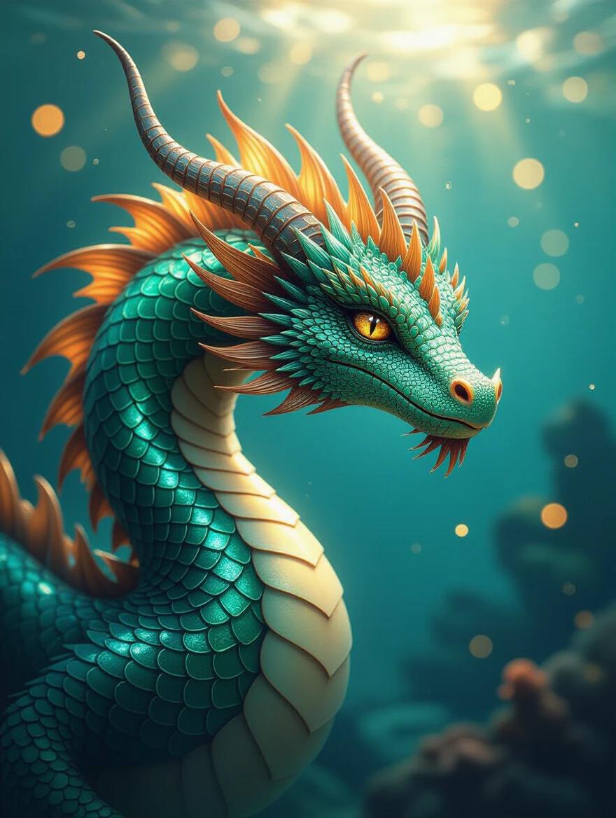 Close-up view of a mythical sea dragon. The dragon has shimmering scales with teardrop shapes in emerald and sapphire. Each scale overlaps in patterns reflecting golden sunlight. Magical bioluminescent edges glow with amber light. The background has mystical underwater bokeh with light particles.