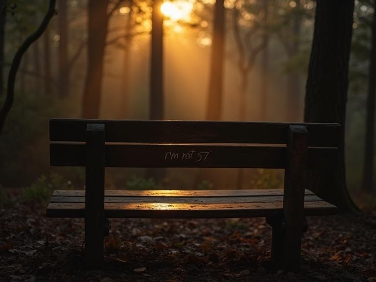 A wooden bench in a misty forest at dusk. A note says I'm not 57 in cursive. Warm light from the sunset shines on the bench.