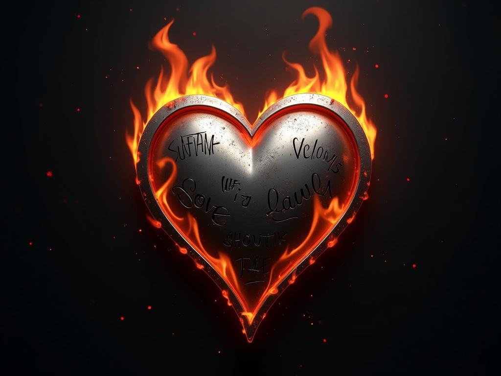 Create a minimalist logo design featuring a burning heart. The heart should have a metallic look, inspired by the logos of well-known automobile manufacturers, with clean and elegant lines. Its appearance should mimic high-quality polished chrome or brushed metal. The flames surrounding the heart must also be stylized with sharp, dynamic shapes to convey heat and motion. The existing tattooed inscriptions, including words like 'LOVE' and 'REVOLUTION,' should remain unchanged and be seamlessly integrated into the metallic surface through engravings or raised reliefs. The background should be dark or subtly reflective to enhance the heart's metallic shine, giving the overall design a modern, sophisticated, and powerful look.