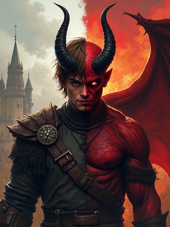 Character design of a fantasy split-personality hero. The left is a rugged medieval warrior with calm expression. The right is a fierce demon with intense look. Background features medieval town and fiery hellscape. Vertical split with bold colors and painterly texture.