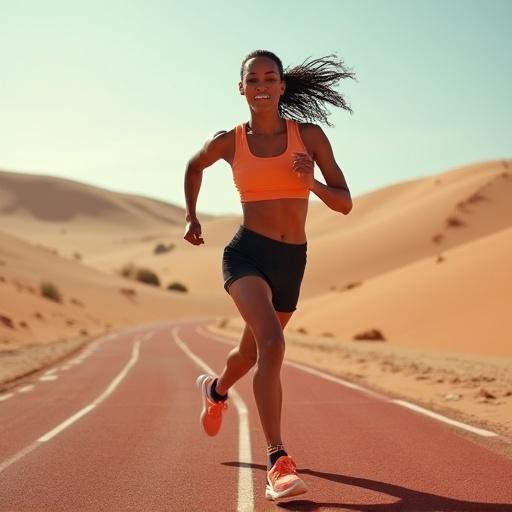 Ad featuring woman running on desert track in athletic leisure wear. Embodiment of brand motto highlighting human perseverance. Styled like Nike, Adidas, or Apple ads.