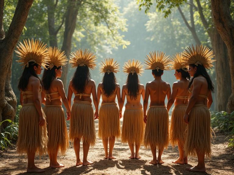 Group of nine dancers in Mesoamerican attire standing in forest clearing. Simple skirts made of natural fabric. Women wear tops; men are shirtless. Light headdresses made of dried leaves. Setting evokes cultural ritual.