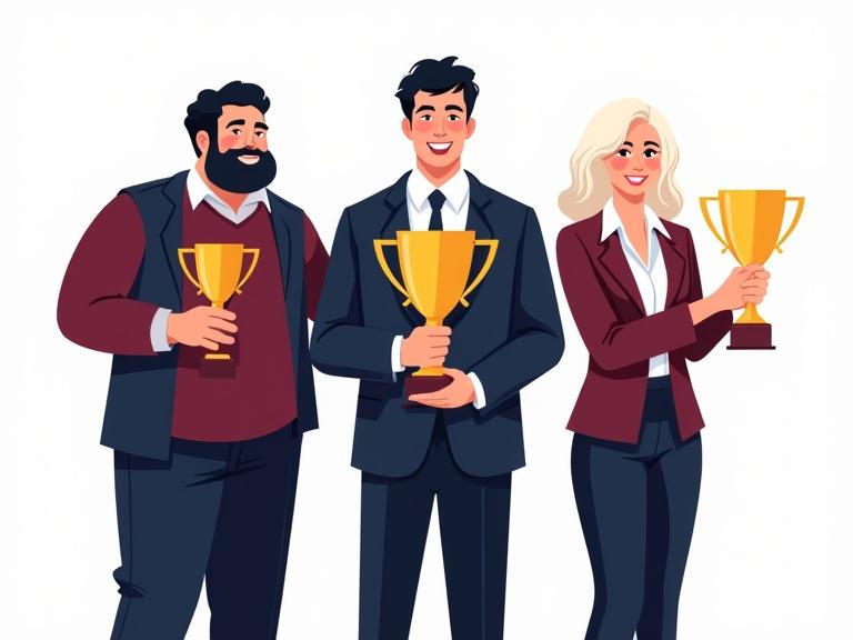 Illustration of three adults wearing professional business attire standing confidently. A short fat man on the left holds a small trophy. A slim man in the center holds a large trophy. A young woman on the right holds a medium trophy. All three are smiling. The background is transparent.