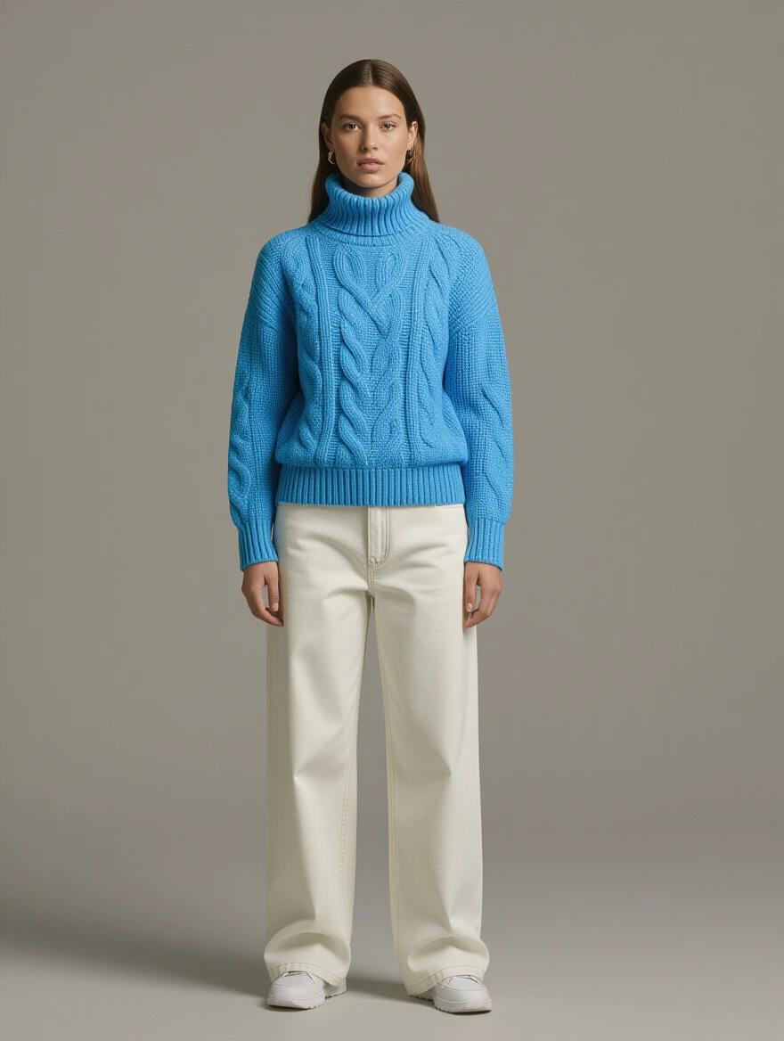 Image of a high-neck blue polar sweater in a three-quarters side view against a neutral background.