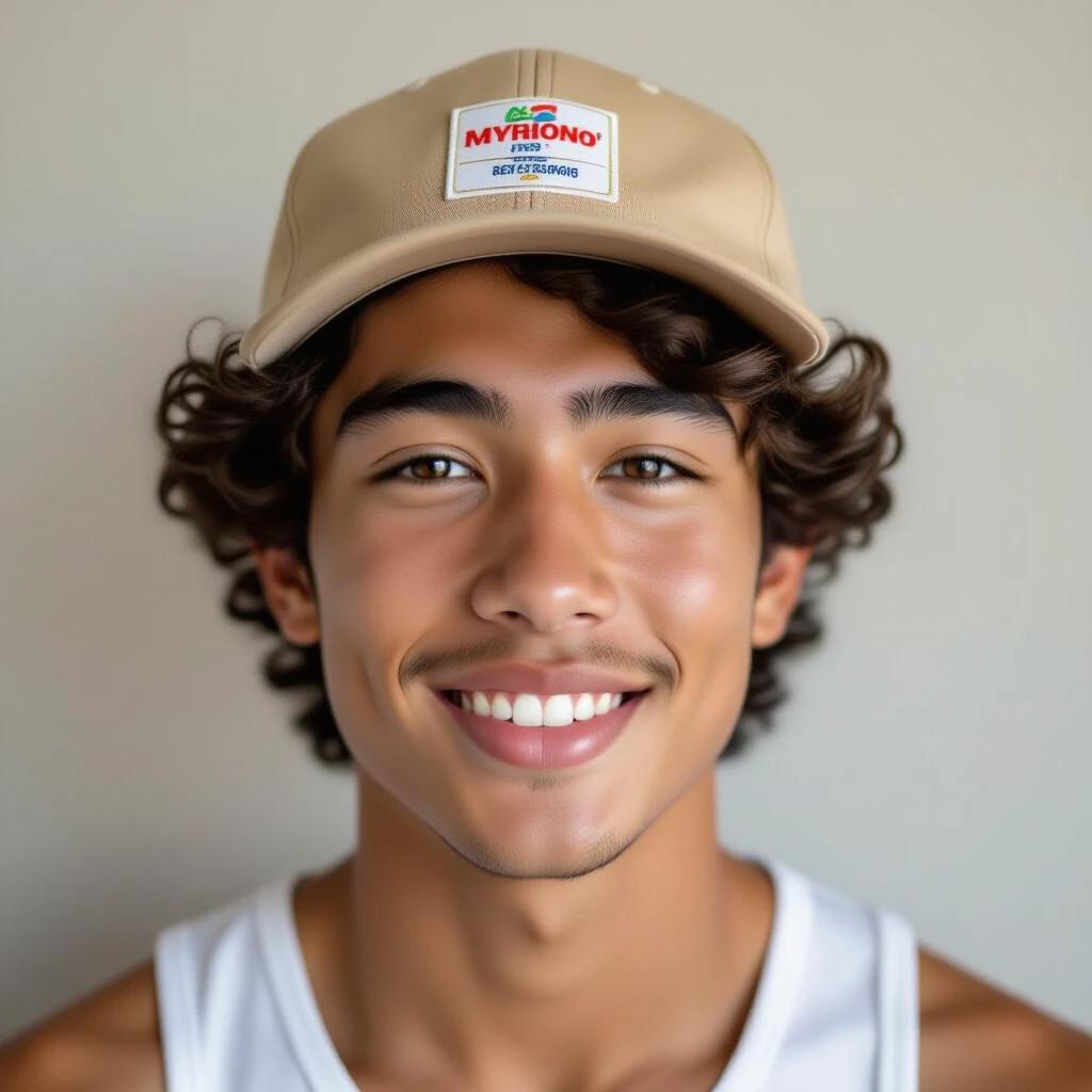 Hyperrealistic close-up portrait of a teenage boy. Boy with curly textured hair and a tan flat-brim cap. Cap shows retail stickers under brim. Youthful skin with slight facial texture and a subtle mustache. Smiling naturally while wearing a white ribbed tank top. Smooth skin pores with soft indoor light and gentle shadows. Clean wall and neutral background. Ultra-high detail and DSLR quality.