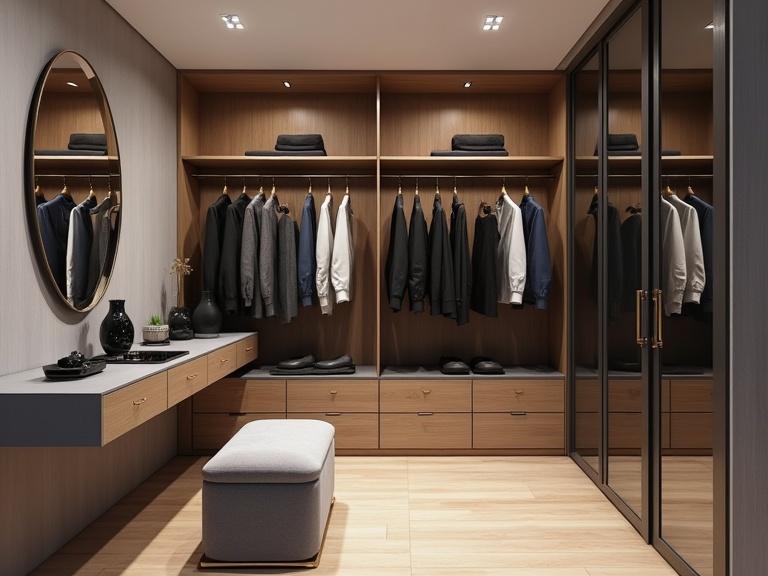 Luxurious walk-in closet interior featuring glass wardrobe doors neatly organized with clothing on hangers on the right. Left side includes modern gray vanity with black decorative set and plush gray stool. Neutral color palette with warm ambient lighting and recessed ceiling lights. Finely detailed wooden flooring. Glass surfaces reflect light.