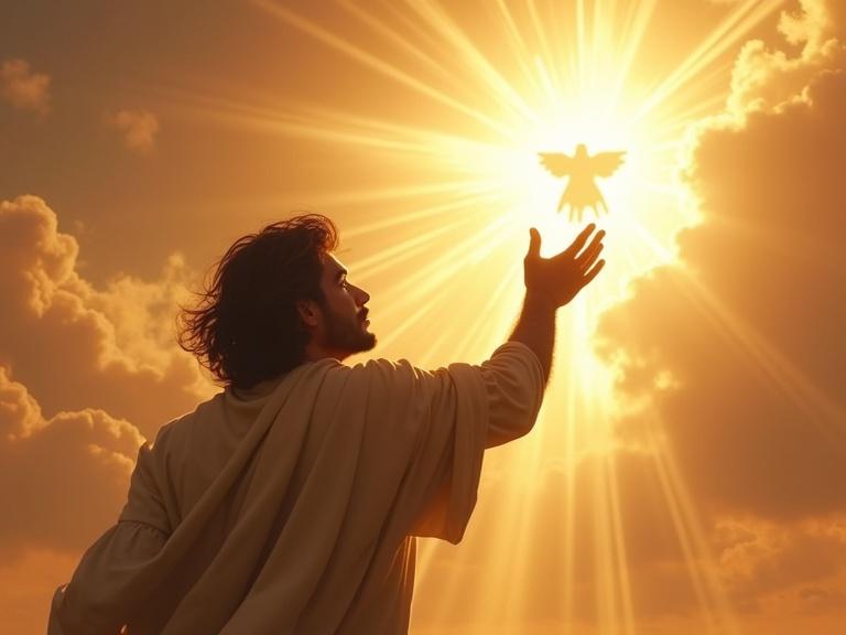 Enoch reaching toward a radiant figure in the sky; determined expression; realistic style; golden light; 9:16 aspect ratio