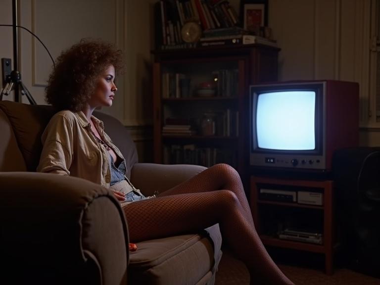 Image shows a cozy cluttered room at night. A young woman with 80s hairstyle sits on a brown sofa. She wears an open shirt and fishnet tights. She gazes at an old television across from her. The room reflects 1980s style in England. Lighting is warm and dim.