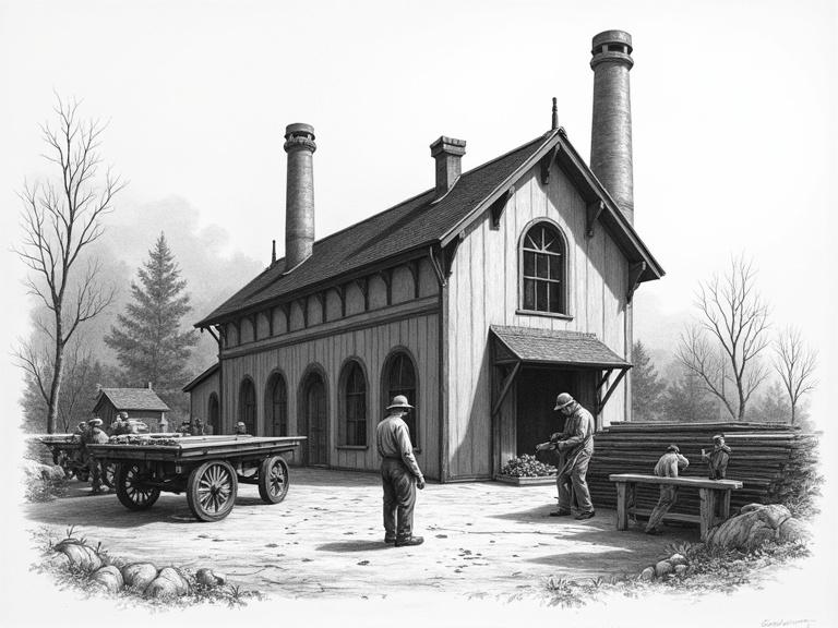 Pencil sketch of a furniture factory. Style emulating 19th-century etchings. Factory has arched windows, tall chimneys, wooden carts. Workers operate tools and move planks. Scene features dynamic lines and shadows. Composition is expressive and artistic.