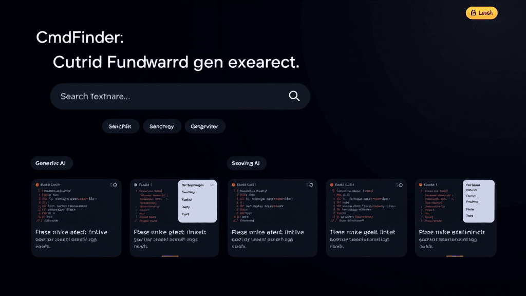 A dark-themed GUI of a code interface called CmdFinder with search options, buttons, and code snippets displayed.