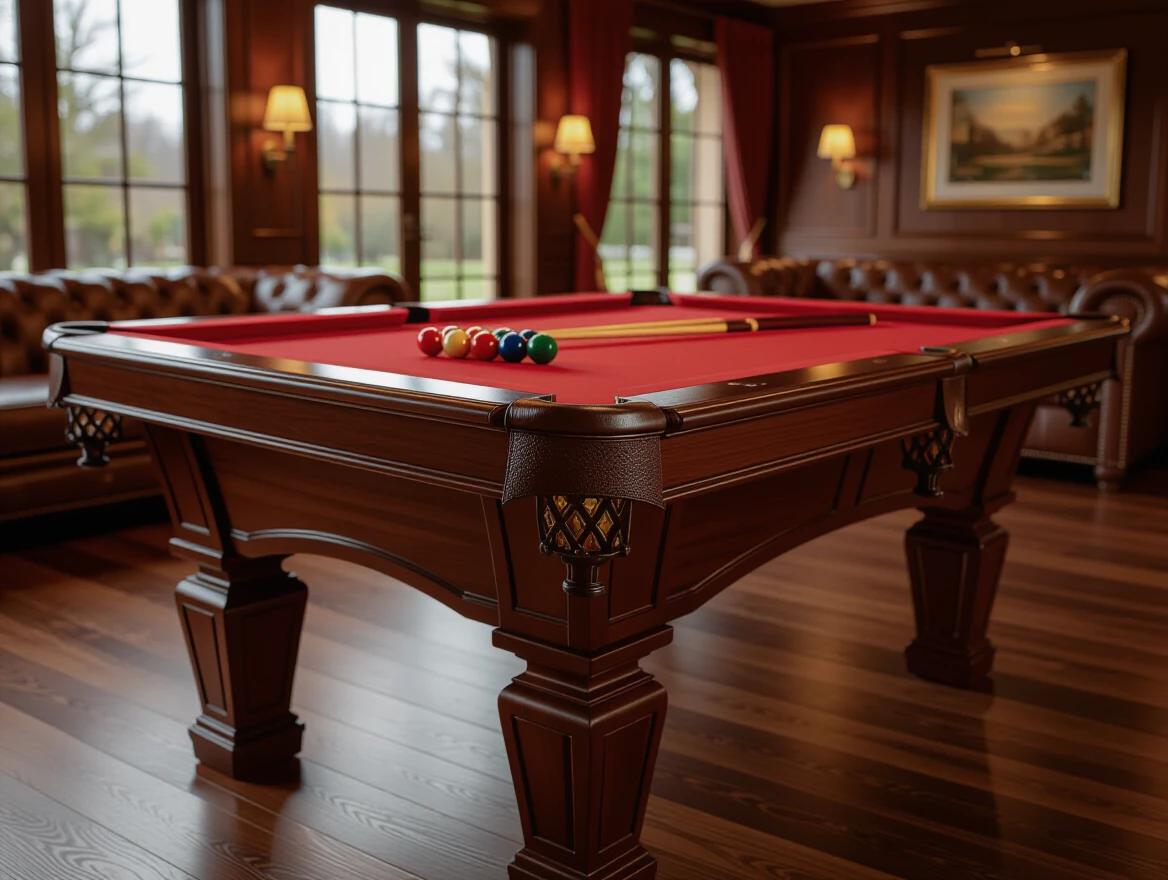 Cinematic view of a high-end pool table. Deep cherry wood frame and vibrant red felt top. Polished chrome pockets. Billiard balls arranged in a triangle. Two wooden cues resting across the table. Ambient golden lighting highlights glossy wood and felt texture. Blurred luxury game room background with tufted sofas and panoramic windows. Warm wood flooring. Photorealistic details with rich color grading. Elegant indoor mood.