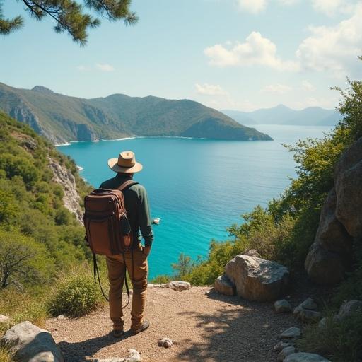 A person standing on the shore overlooking the ocean. Mountainous backdrop under a clear sky. Backpack on shoulders. Casual outdoor attire. Scene evokes longing for adventure.