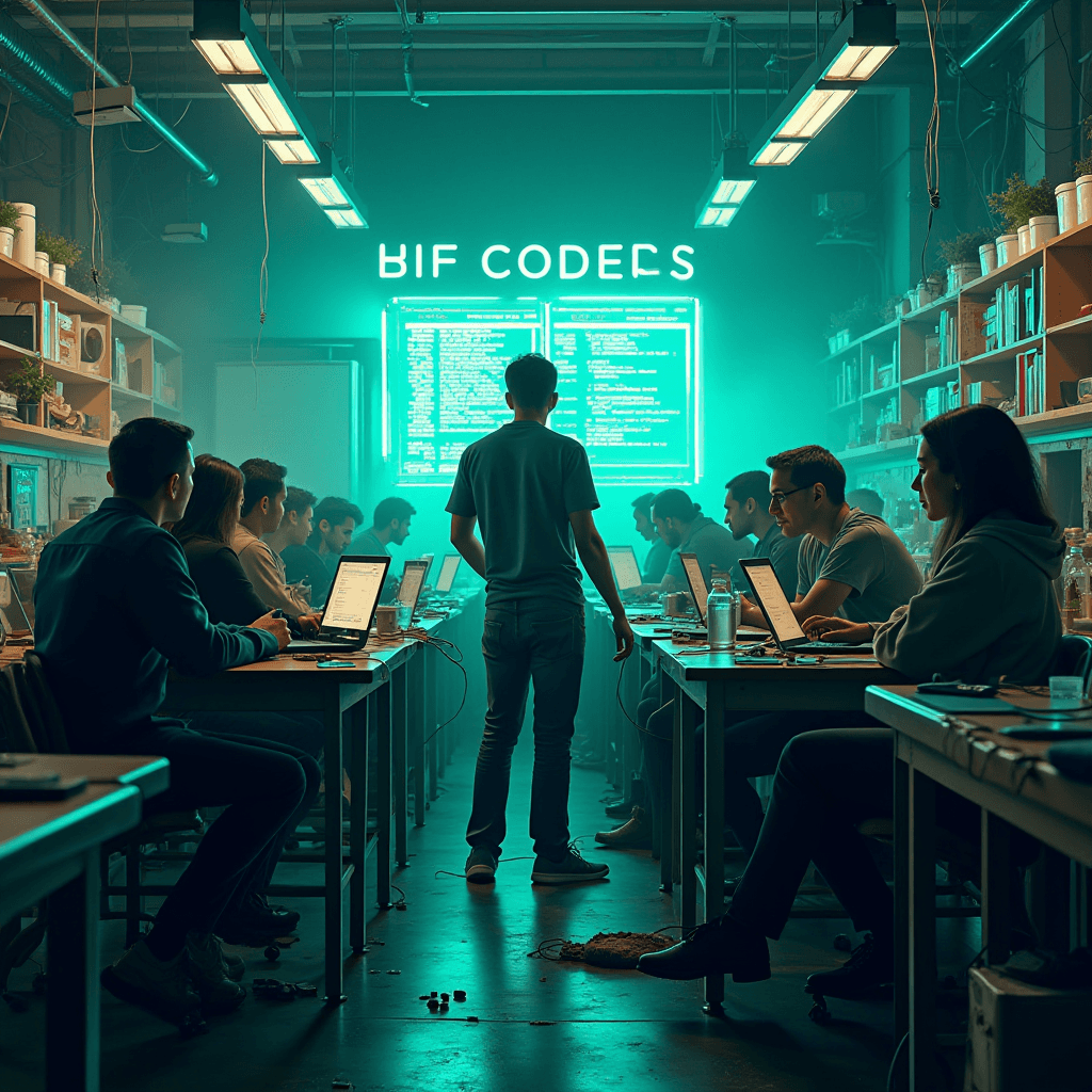 A group of people are sitting at tables with laptops in a room lit by neon lights and plants.