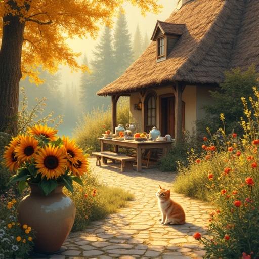 Digital painting in dreamy impressionist style rich in color and soft brush textures. Small orange and white kitten sits on cobblestone path near large ceramic vase with sunflowers and wildflowers. Rustic cottage with wooden porch breakfast table set with teapots and fruit surrounded by glowing flowers and golden trees warm golden light romantic peaceful atmosphere.