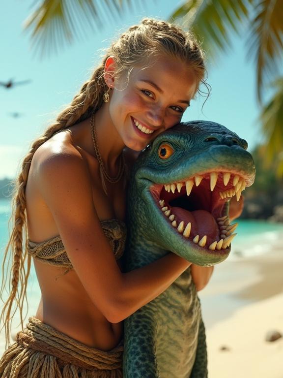A close-up, low angle shot featuring a joyful Slavic warrior tribal princess, sun-kissed and tanned. She wears a tattered loincloth and long braided blonde hair. She hugs a friendly, slimy sea creature on a beach surrounded by palm trees and a turquoise ocean. The atmosphere is magical with tropical birds and heatwaves creating a dynamic and joyful scene.