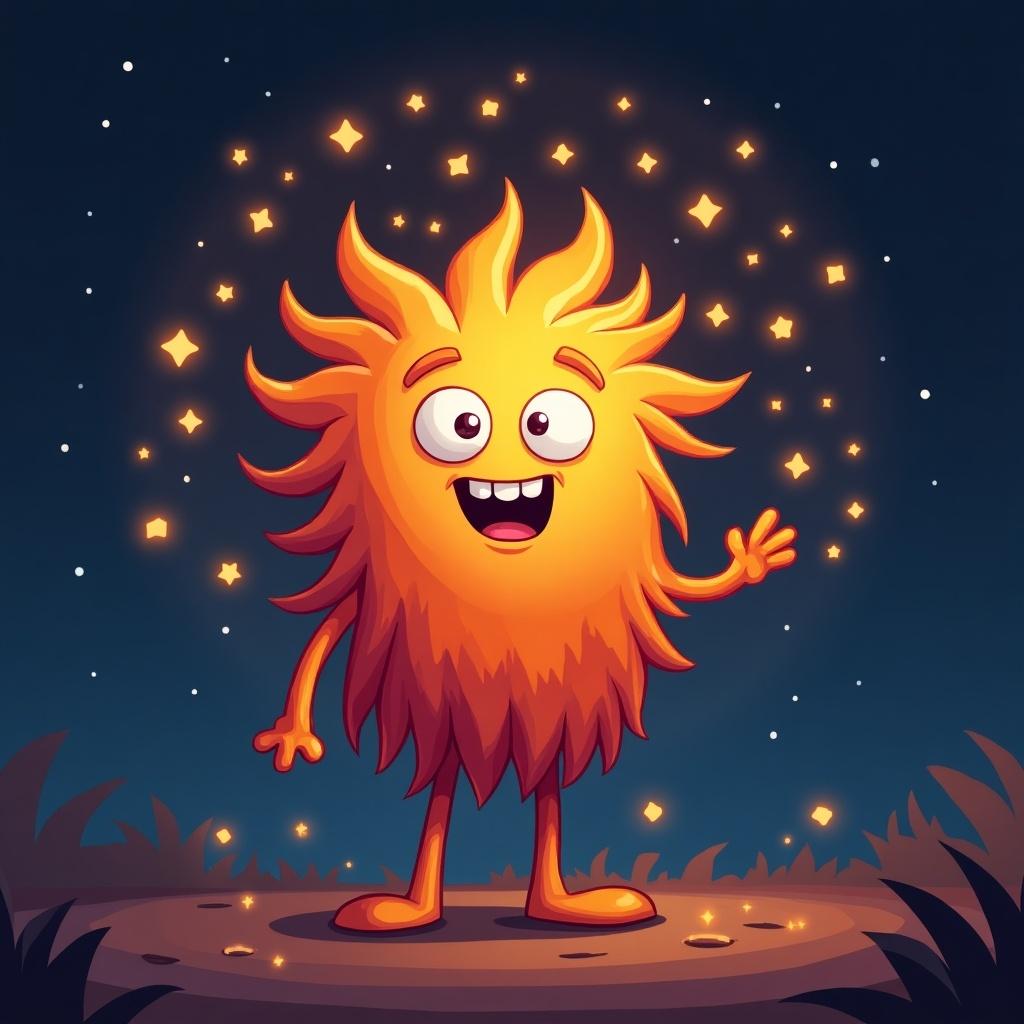 Cartoon character designed as a chill firework. Character has spiky orange hair and a cheerful expression. Glowing sparkles surround the character. Background is a dark night sky with hints of blue and stars. Character stands on green grass, appearing friendly and inviting.