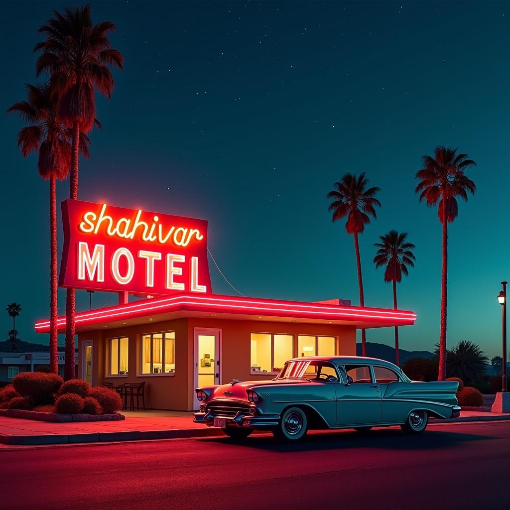 A classic motel with neon signs at night. A vintage car is parked in front. The scene has tall palm trees and a starry sky. Bright colors like red and orange contrast with soft blues. The atmosphere feels adventurous and nostalgic.