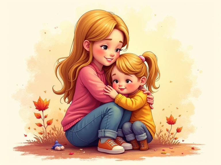 3D blonde mother giving a warm hug to her little girl. Both figures display affection surrounded by autumn leaves. The illustration highlights vibrant colors and a splash art style.